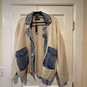 Blank NYC Beige Cardigan with Denim Details